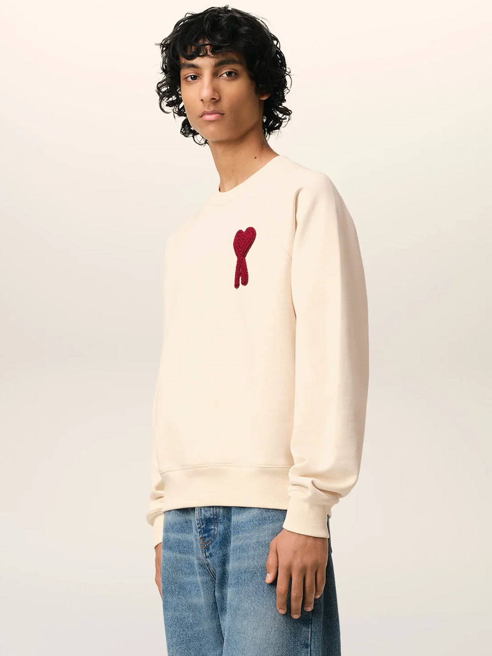 AMI Paris Ami De Coeur Embroidered Patch Sweatshirt in Beige