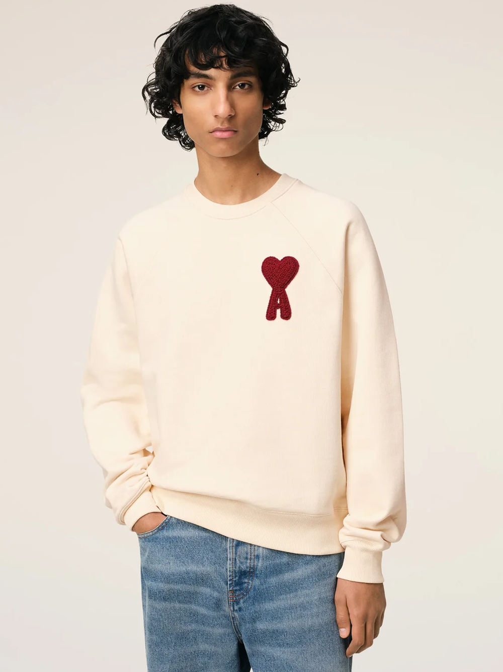 AMI Paris Ami De Coeur Embroidered Patch Sweatshirt in Beige